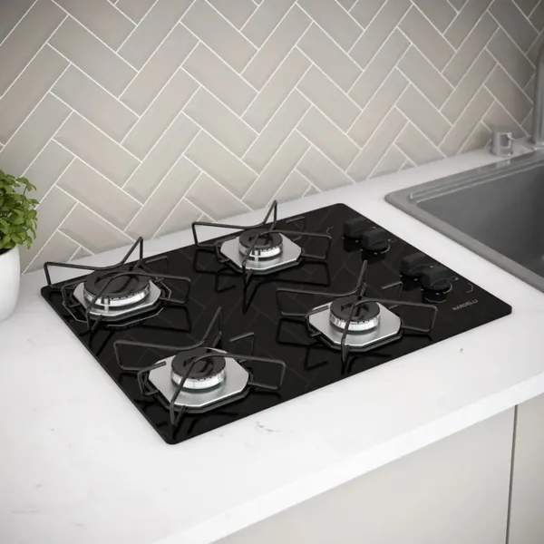 Fogão Cooktop Fogatti à Gás Ori 4 Bocas Vidro Preto Flange Inox Bivolt - Acendimento automático