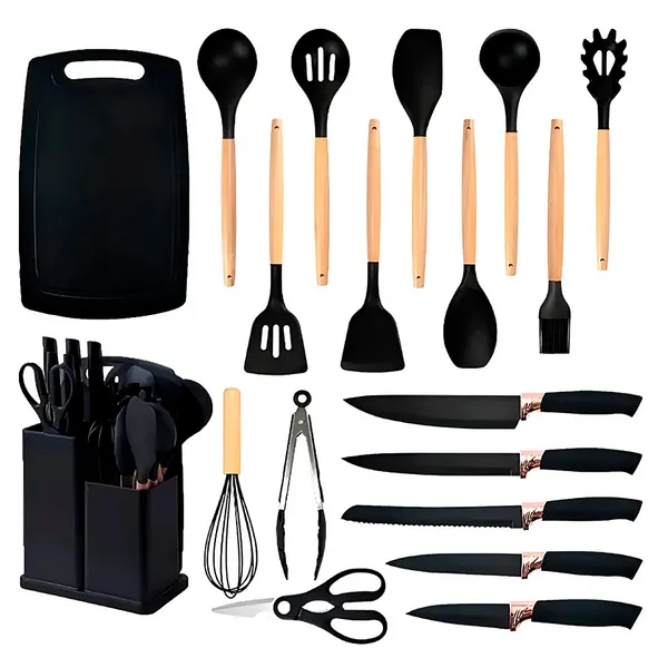 KIT CONJUNTO DE 19 PEÇAS UTENSÍLIOS COZINHA SILICONE TABUA COR PRETO