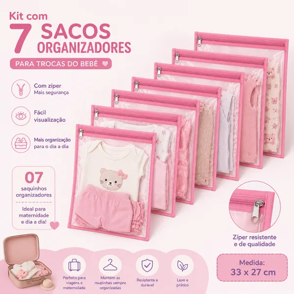 Kit 7 Saquinhos Maternidade Organizadores para Mala do Bebê