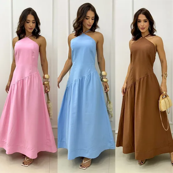 VESTIDO FEMININO COM AMARRAÇÃO NO PESCOÇO MODA VERÃO ELEGANTE