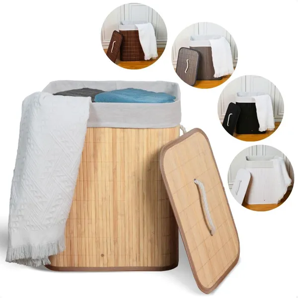 Cesto ​de Roupa Suja Bambu Com Tampa e Alças 50 Litros Grande Organizador  Multiuso