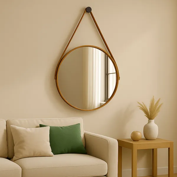 Espelho Redondo Decorativo Adnet com  Alça e  Suporte Couro 60cm 50cm 40cm 30cm Sala Banheiro Quarto