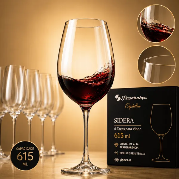 Kit 6 Taças De Vinho Cristal tipo Bohemia Sidera 615ml Cristal Transparente Premium