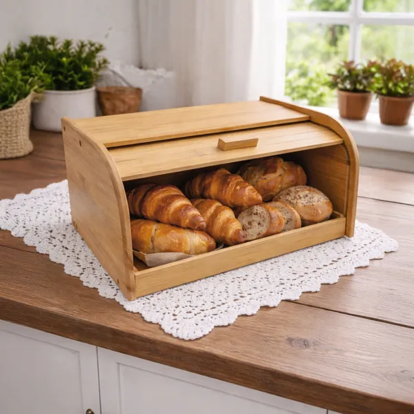 PORTA PÃO BAMBU COM TAMPA RETRÁTIL CESTA PARA PÃES E BOLOS
