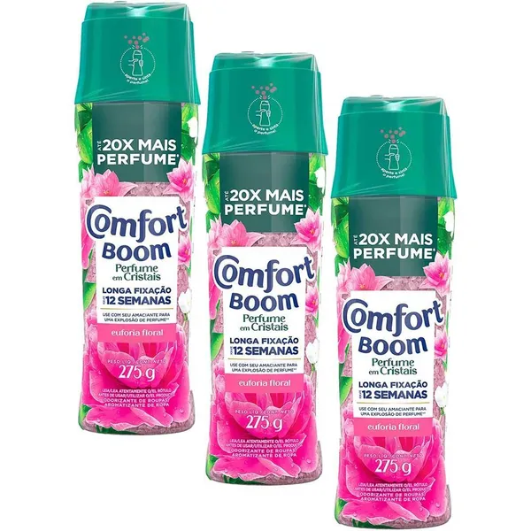 Kit 3 Odorizantes de Roupas Comfort Boom Perfume em Cristais Euforia Floral 275g