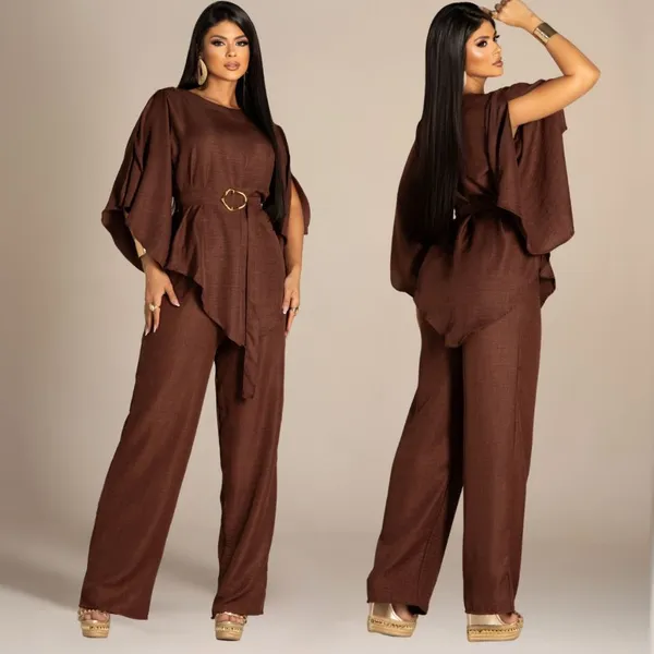 Conjunto Blusa Calça e Pantalona Tecido Crepe dunas Elegante Soltinha Perna Larga Wide Leg Com Cinto Manga Compida