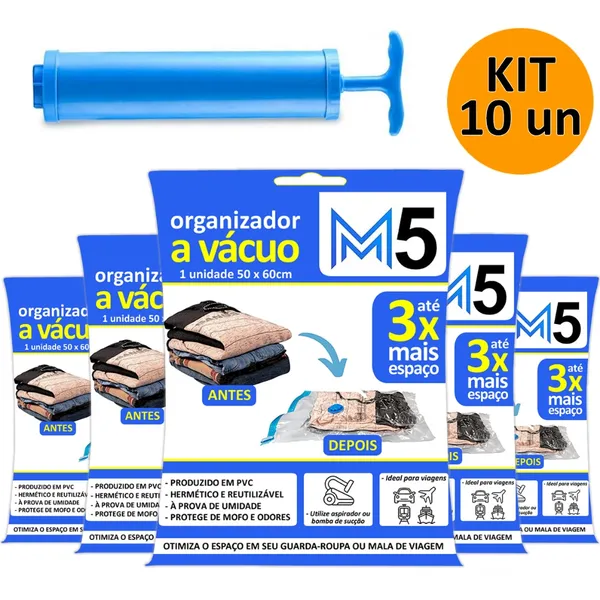 Kit 10 Saco a Vácuo 50x60cm Organizador Hermético para Guarda Roupa Mala de Viagem + Bomba Brinde