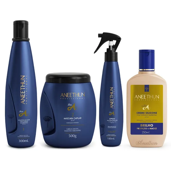 Kit Linha A Shampoo 300mL Máscara 500g Spray 150mL e Creme Silicone 250mL Aneethun