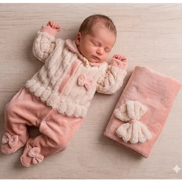 Saida de Maternidade Bebê Menina Plush Inverno Sintonia Alice Rosê com Manta