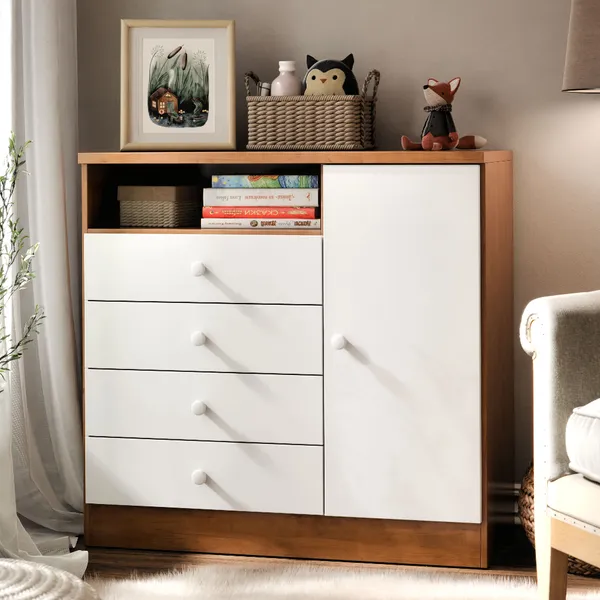 CÔMODA PETIT ORGANIZADORA INFANTIL BRANCO NATURE C/ 4 GAVETAS 1 PORTA NICHO P/ QUARTO - BLUE MOBY