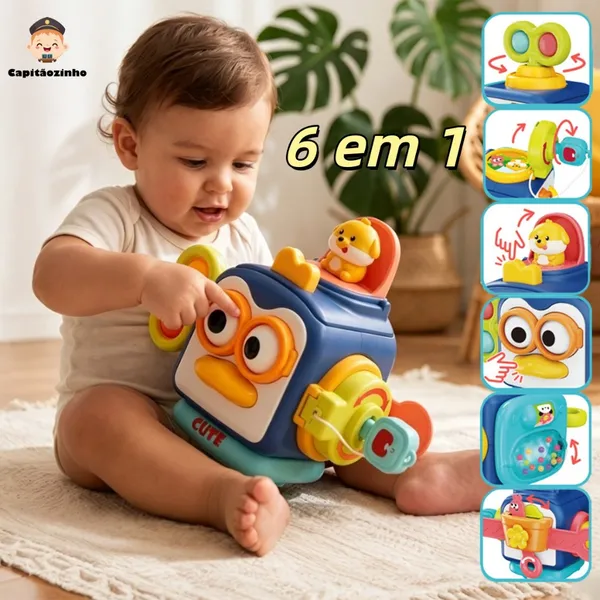 Brinquedo Educativo Cubo Sensorial 6 Lados Pinguim | Montessori para Bebê 6M+