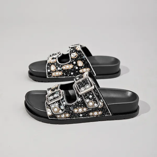 Papete feminina Pérolas de strass de luxo sandália diferente feminina com fivela