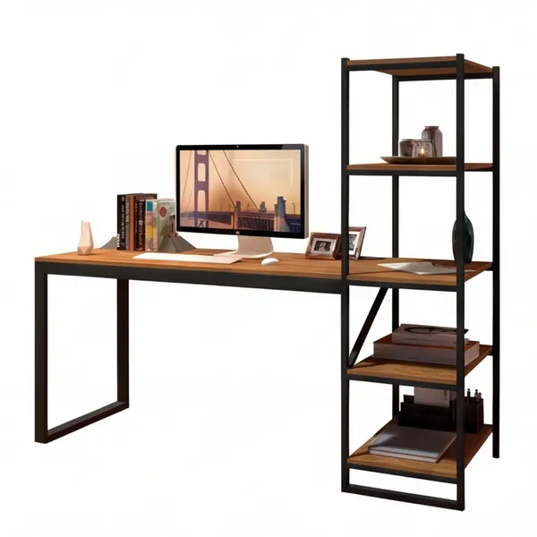 ESCRIVANINHA INDUSTRIAL COM ESTANTE LATERAL 3 PRATELEIRAS | MESA HOME OFFICE MADEIRA  COR CANELA
