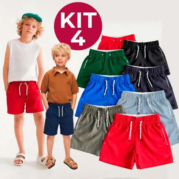 Kit 4 Short Bermuda Infantil Juvenil Tactel Menino Praia Com Bolso Elastano Premium 2 a 16 Anos