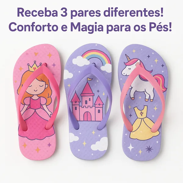 Kit 3 Pares Chinelo Infantil Menina Sortido Confortável Leve Macio
