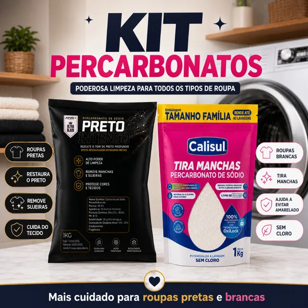 Kit Percarbonato Calisul 1kg + Preto Intenso ANS 1kg Tira Manchas Sem Cloro Roupas Brancas Pretas Coloridas