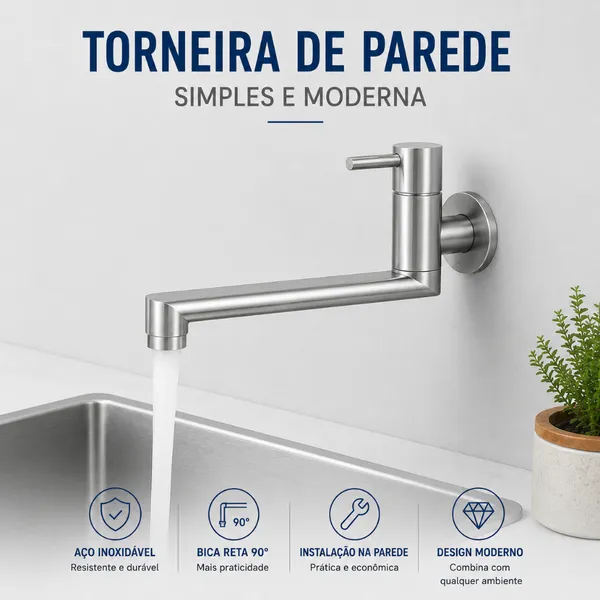 Torneira Parede Essenza Latão Premium 360° Giratória Articulada Cozinha Tanque Banheiro Cromad
