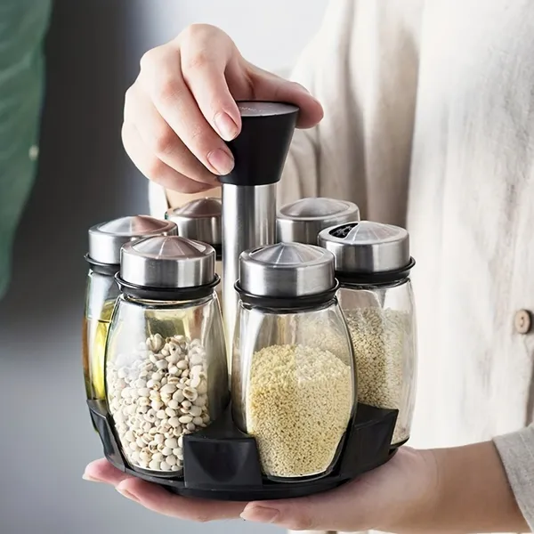 Porta Tempero Giratório Especiarias Inox Com 7 Peças