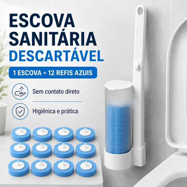 Kit Escova Sanitária Descartável para Vaso Sanitário com 12 Refis Azuis e Suporte de Parede