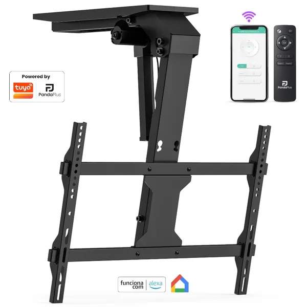 Suporte TV Teto Motorizado 37 a 75 Controle App Wifi Alexa Tuya Smartlife PandaPlus Google Inclinação 80° Suporte Até 45