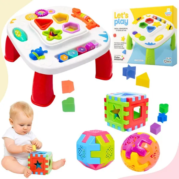 Kit Mesinha Didática Infantil Sensorial com 3 Cubos, Bolas e Formas de Encaixe
