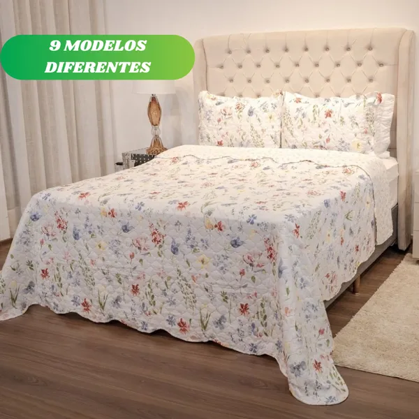 Kit Colcha Cobre Leito Casal Queen King 3 Peças Estampada