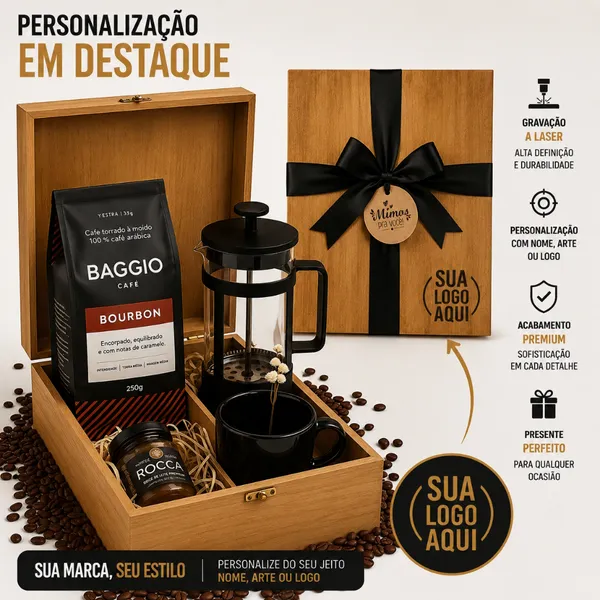Cesta Presente Kit Café Gourmet Baggio ou Orfeu. Maleta em Madeira Personalizada - GRAVE O NOME OU SUA LOGO!
