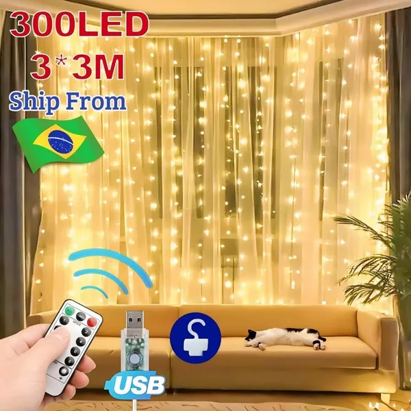 Cortina luz 300 LED 3x3M cortina com 8 Modos USB Natal Fadas Luzes Pisca Cascata Decoração Janela 110v-220v
