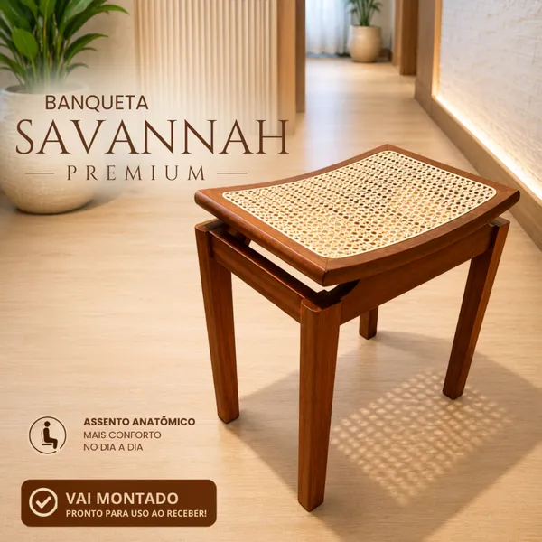 Banco Banqueta 100% Madeira Maciça Premium Savana com Assento Anatômico Tela Reforçada