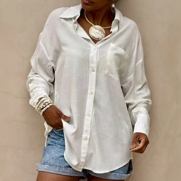 Camisa Feminina De Viscolinho Social Com Botão Manga Longa Viscose Linho