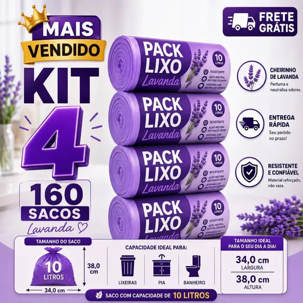 Kit 4 Rolos Saco de Lixo Perfumado Lavanda 10L 160 Sacos Resistente Pia Banheiro
