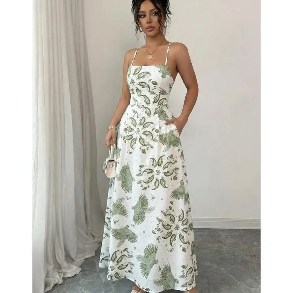 Vestido Longo Feminino Alça Fina Estampa Floral Cintura Alta Moda Verão Tropical