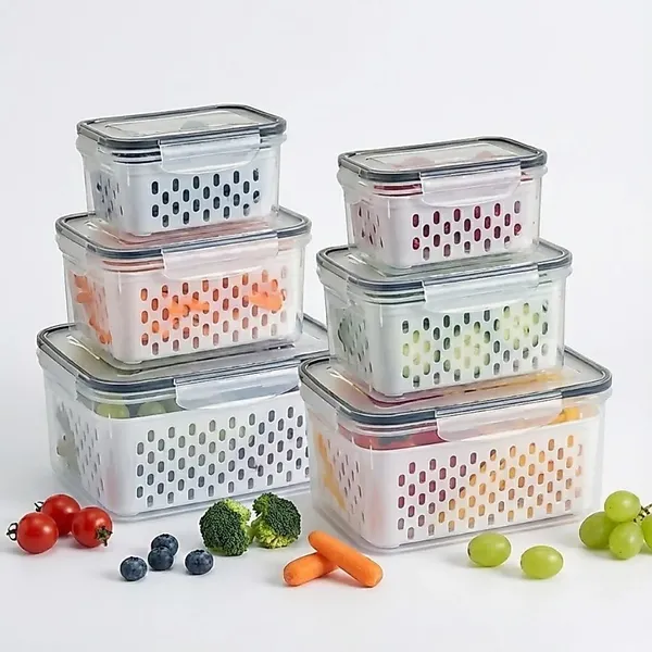 Kit 6 Potes Herméticos Organizador de Geladeira Legumes  Frutas Com Cesto Removível