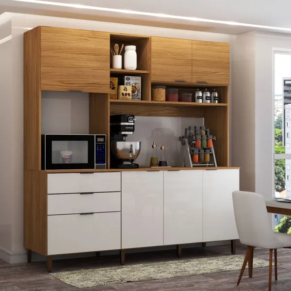 COZINHA COMPACTA SOLARIS 7 PORTAS 2 GAVETAS CINAMOMO/OFF WHITE - PANORAMA MÓVEIS