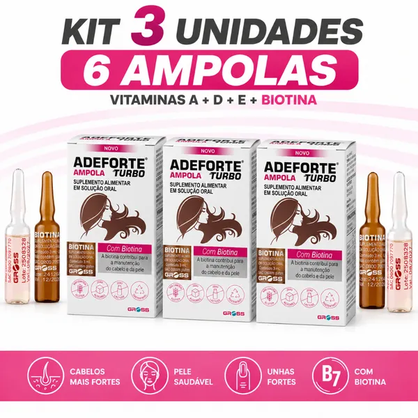 Kit 3 Adeforte Turbo + Biotina 3ml Original Vitamina Cabelos Pele Unhas