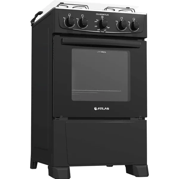 FOGÃO DE PISO ATLAS COLISEUM PLUS 4 BOCAS MESA INOX FORNO 50 LITROS PRETO