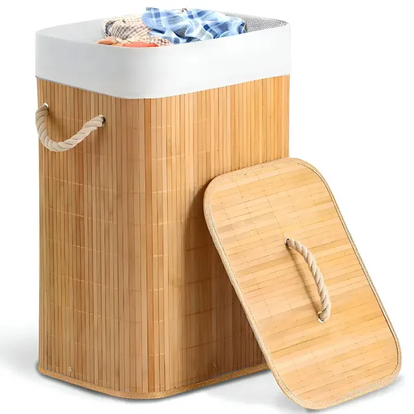 CESTO DE ROUPA BAMBU 50 LITROS DOBRÁVEL TAMPA ALÇAS GRANDE ORGANIZADOR LAVANDERIA BANHEIRO SHOKKI