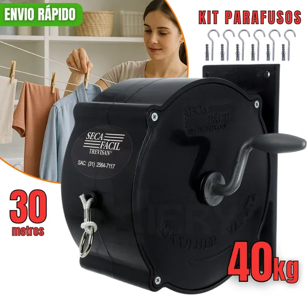Varal De Roupas Retrátil Recolhivel Para Parede Seca Fácil Com Corda De 30m Manivela Apartamento