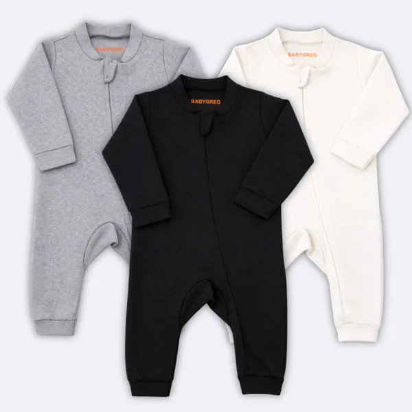 Kit 3 Macacão de Bebe Minimalista com Ziper Baby Greg Preto/Off/Mescla - (0 a 9 meses) (RN/P/M/G)