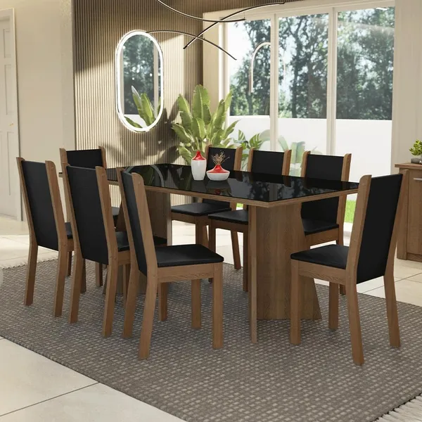 CONJUNTO SALA DE JANTAR JUSTINE MADESA MESA TAMPO DE VIDRO 8 CADEIRAS - RUSTIC/PRETO