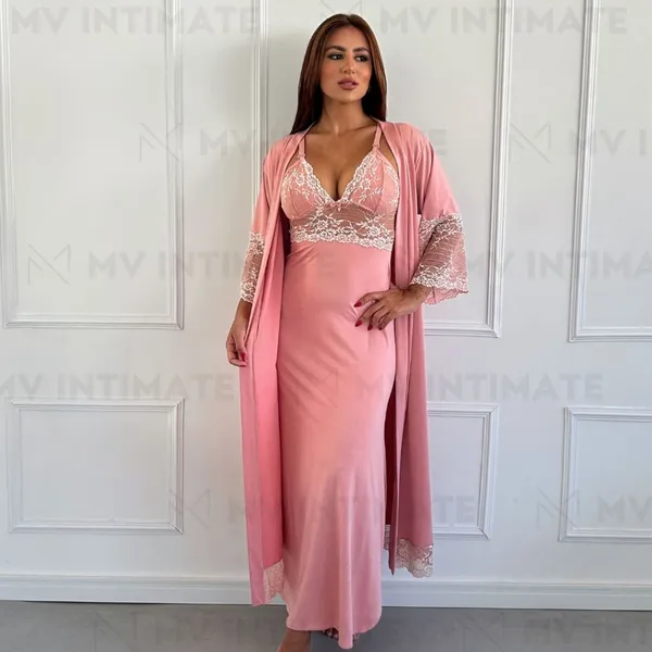 KIT ROBE E CAMISOLA LONGOS DE AMAMENTAÇÃO SEM BOJO EM MICROFIBRA LIGHT COM RENDA BICOLOR