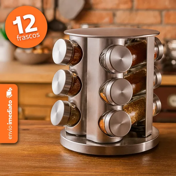 Porta Condimento Giratório - Base Inox - 12 Frascos - Cozinha Gourmet - Potes de Vidro e Base Inox