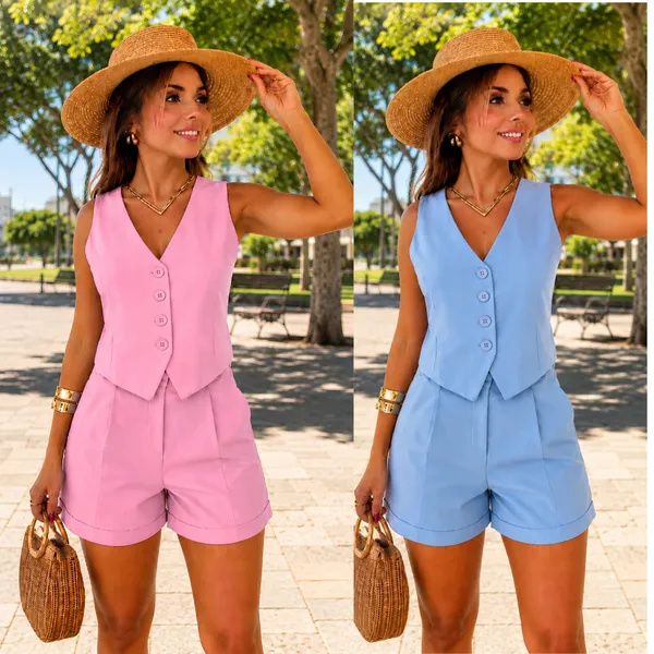 CONJUNTO FEMININO SHORT E COLETE SOCIAL EN ALFAIATARIA LOOK LEVE e ESTILOSO