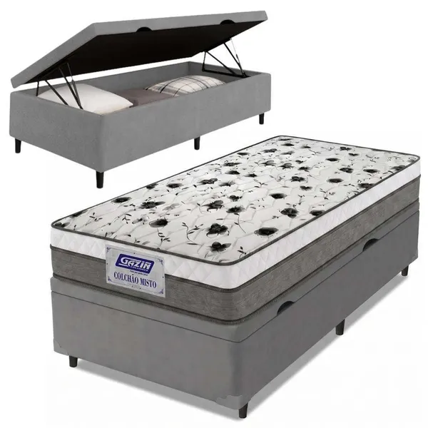 CAMA BOX BAÚ SOLTEIRO COLCHÃO ESPUMA D33 FORT 88X188X62CM CINZA / BRANCO GAZIN  - SUPORTA ATÉ 150KG POR PESSOA