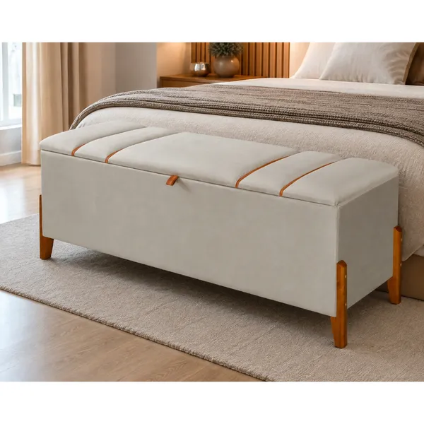 RECAMIER BAÚ ESTOFADO PÉS DE MADEIRA CAMA CASAL LUXO BANCO DECORAÇÃO 130CM MADEIRA ORGANIZADOR