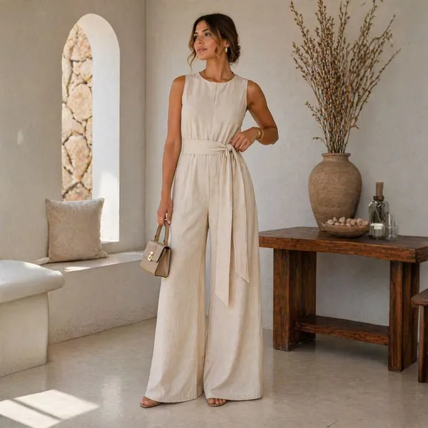 Macacão Feminino Linho Pantalona Elegante Com Faixa Cintura Alta Sem Manga Decote Fechado Longo Premium