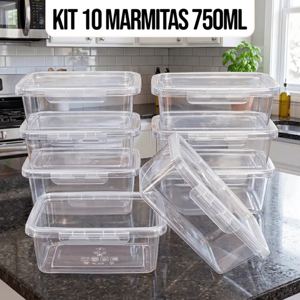 Kit 10 Marmitas Potes 750ml  Travas Laterais hermeticas - Livres de BPA Alimentos organiza congelador - KAZIVA