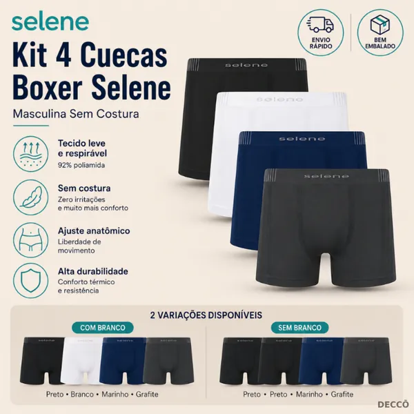 KIT 4 CUECAS BOXER SELENE MASCULINA SEM COSTURA POLIAMIDA ORIGINAL MACIAS CONFORTÁVEIS DIA A DIA