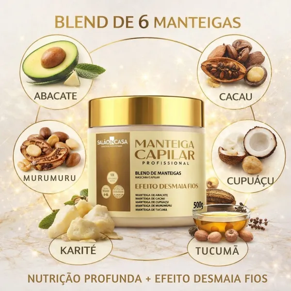 Máscara Capilar Mega Nutrição 500g | 6 Manteigas | Desmaia Cabelo | Nutrição Profunda | Anti Frizz | Salão In Casa