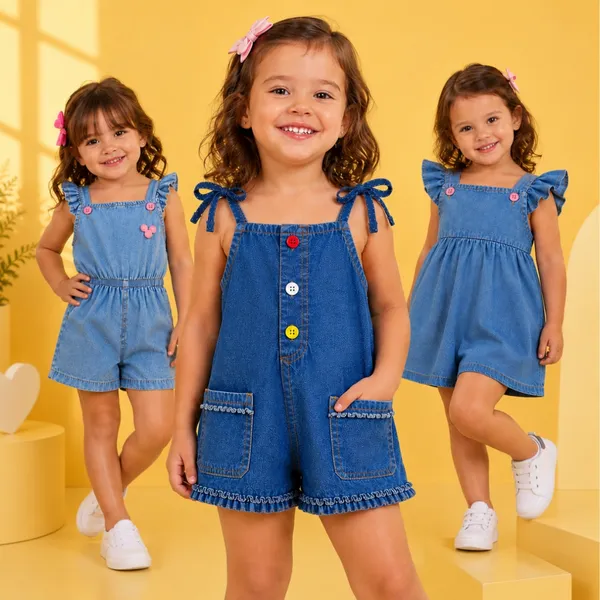 Macacão Macaquinho Jardineira  Jeans Infantil Feminino 2 a 4  Anos Confortável e Estiloso